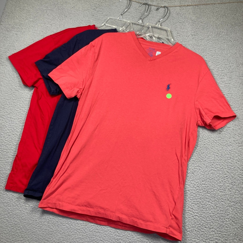 Polo‎ Ralph Lauren V-Neck T-Shirt Mens M Red Navy Coral Classic Fit 3-Pack Logo